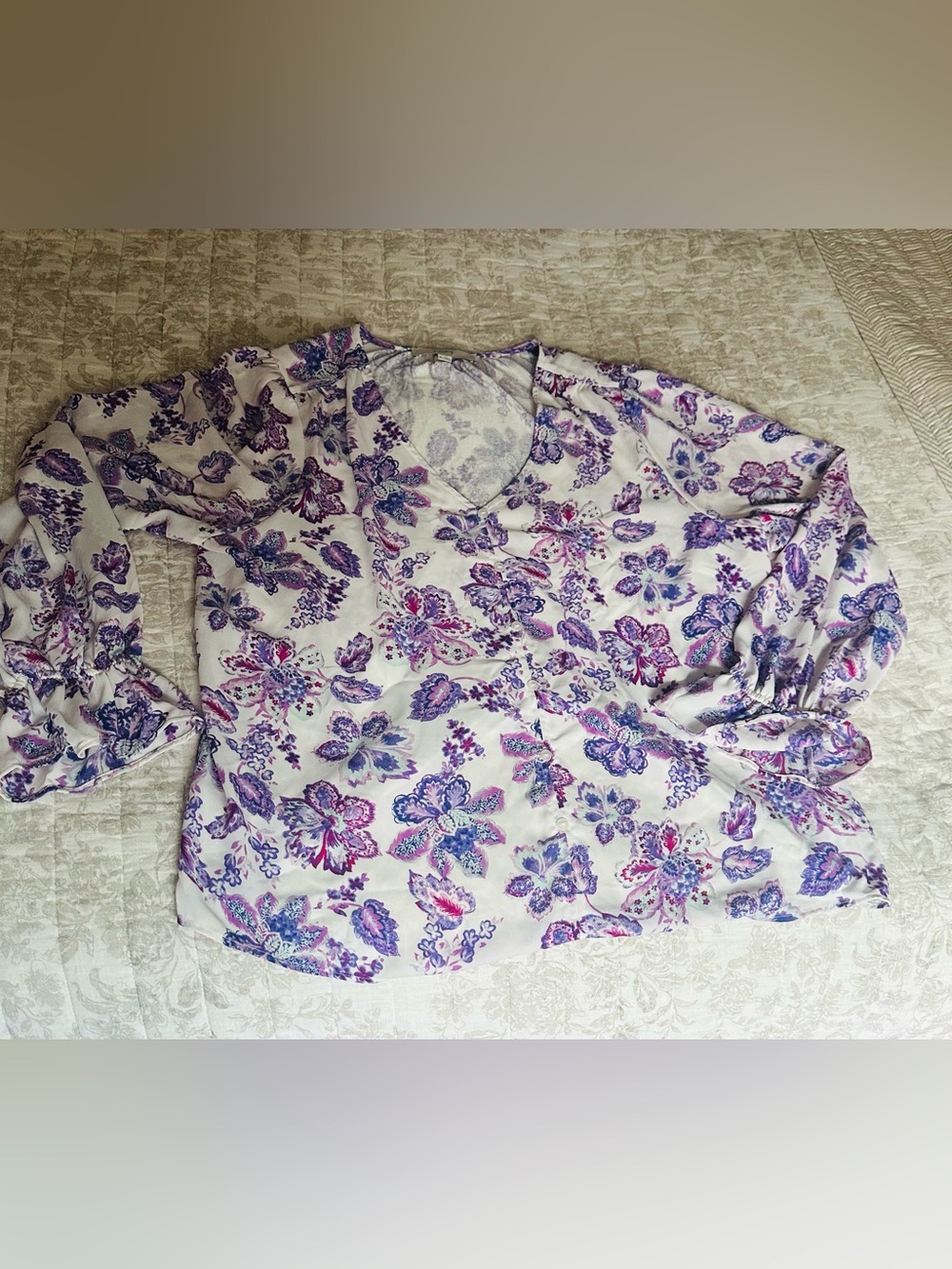 LOFT Floral V-Neck Blouse in Purple and Pink